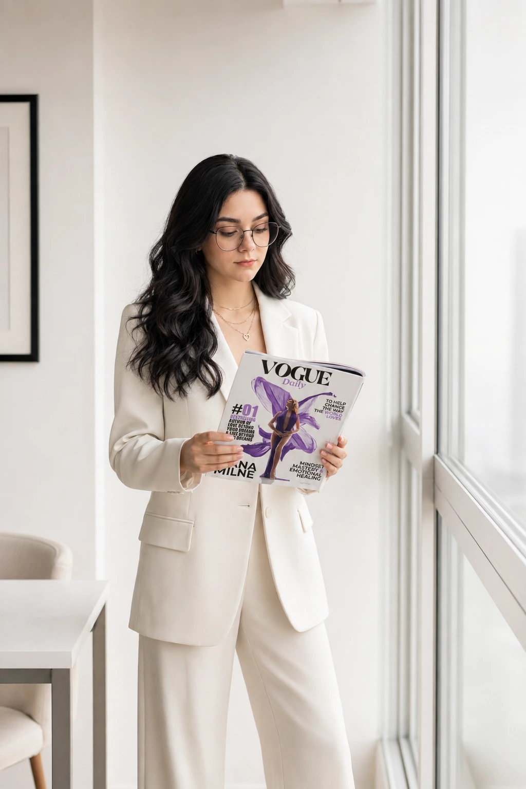 Client in a white suit reading a magazine featuring her published cover story